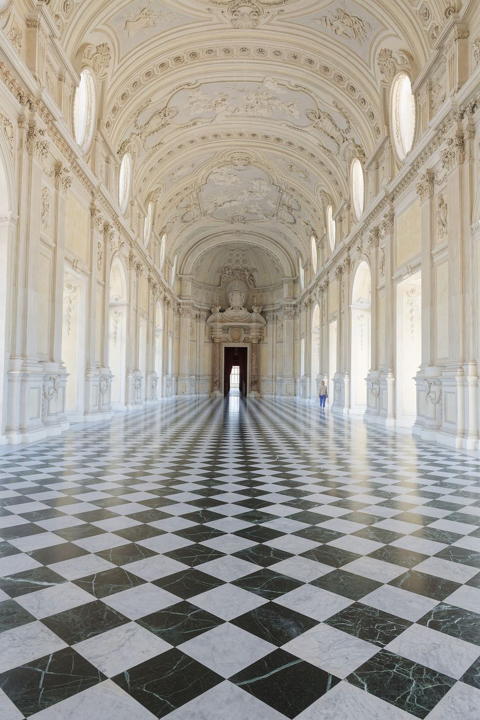 The Galleria Grande of the Reggia di Venaria Reale, with its black and white chequered floor